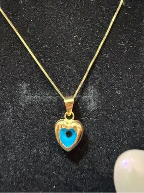 Gold Heart Pendant Necklace with Blue Eye Accent - Women Jewelry